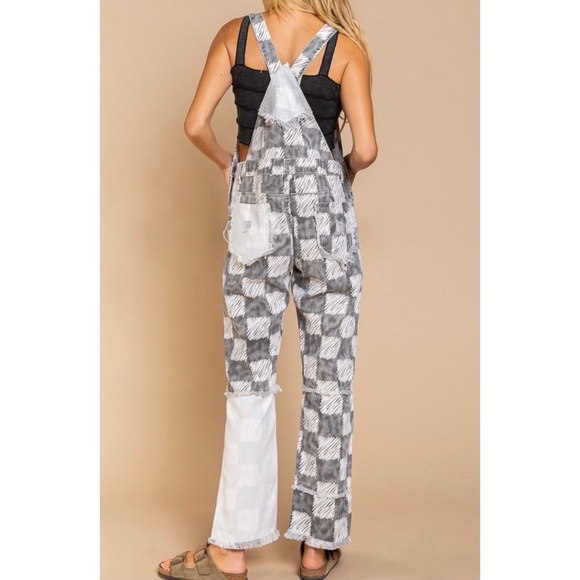 POL Black & White Distressed Patchwork Checker Pattern Overalls - Picture 5 of 9